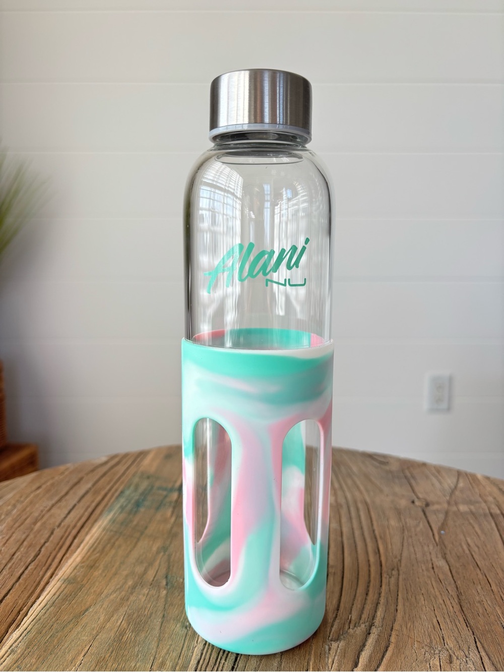 Alani Nu Glass Water Bottle with Pink & Mint Marble Silicone Sleeve